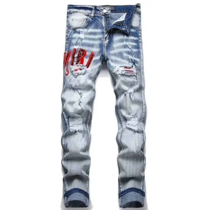 Blaue AMIRI Jeans mit Used-Look und Stickerei, Slim Fit