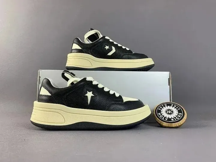 Converse Black and Cream Leather Platform Sneakers