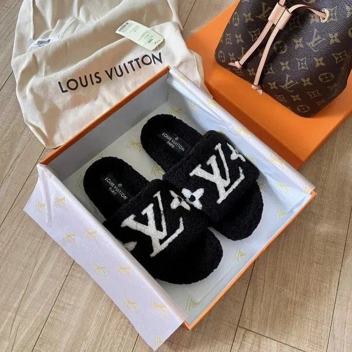 Louis Vuitton Black Plush Logo Slides