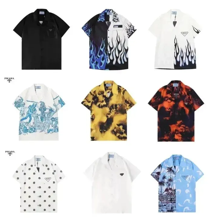 Prada Printed Short-Sleeve Button-Up Shirt in Black, White & Blue