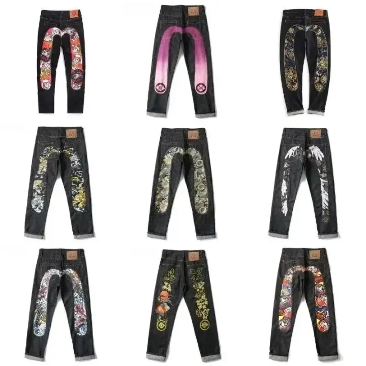 Evisu Black Denim Jeans with Bold Daicock Prints