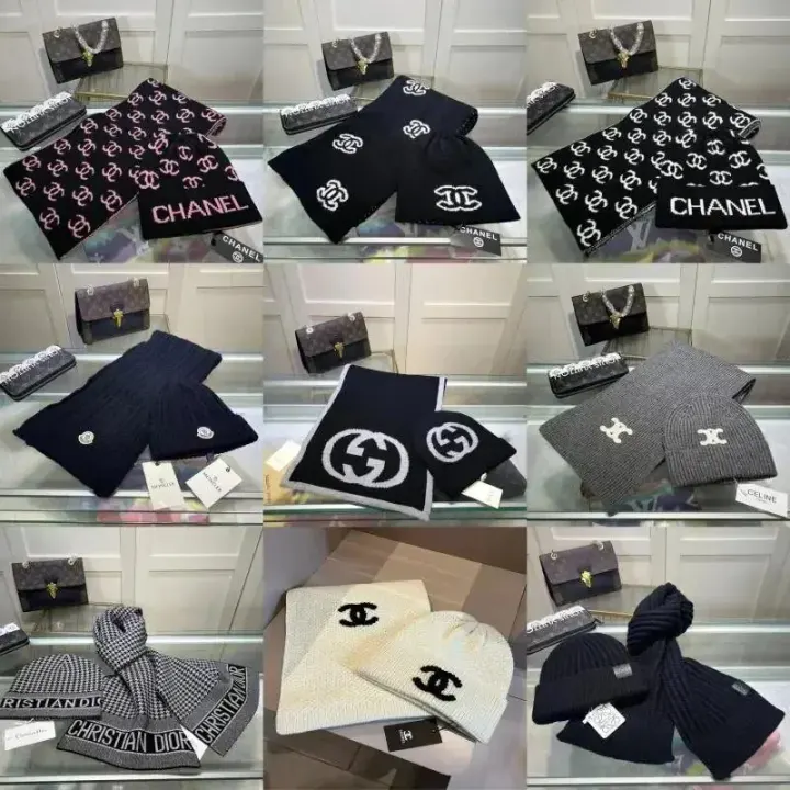 Chanel Black Knit Scarf with White Logo Pattern