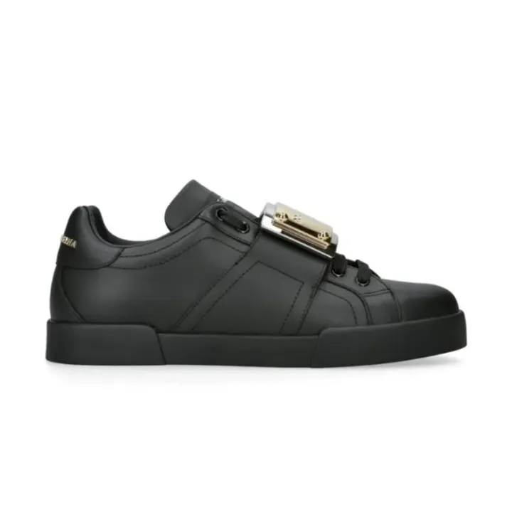 Dolce & Gabbana Black Leather Portofino Buckle Sneakers