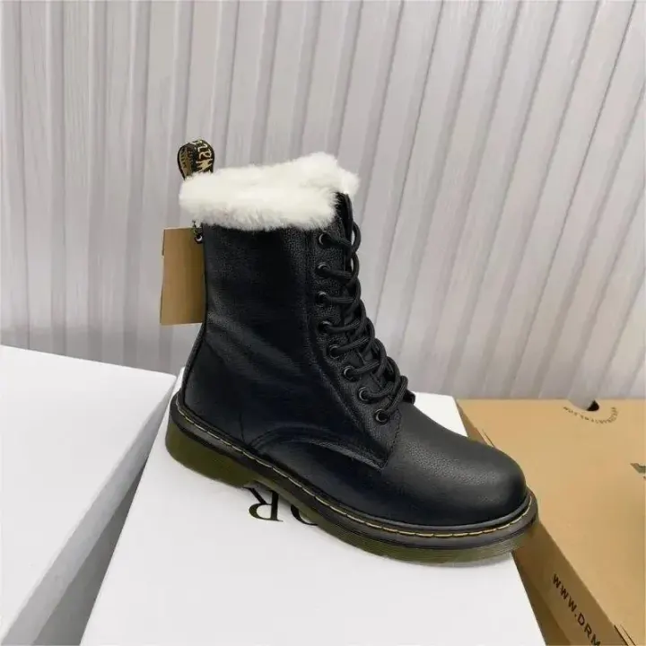 Dr. Martens Black Leather Lace-Up Boots with Faux Fur Lining
