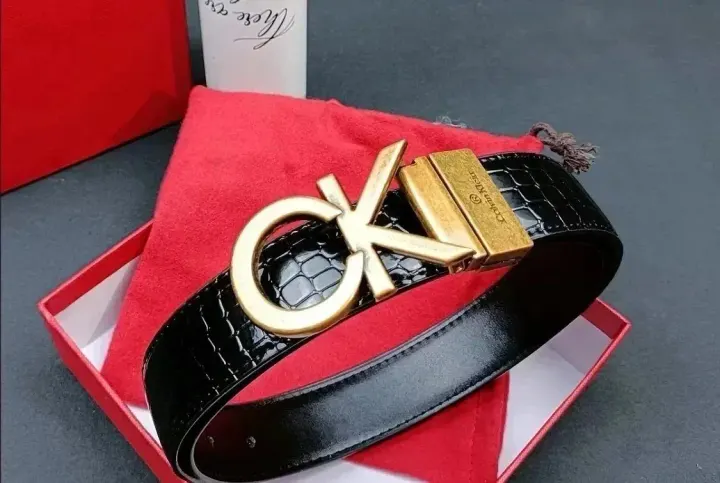 Calvin Klein Black Crocodile-Embossed Belt with Gold CK Buckle