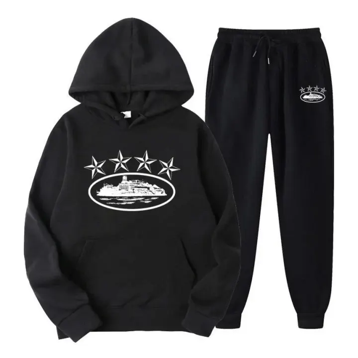 Corteiz Black and White Logo Hoodie and Sweatpants Set