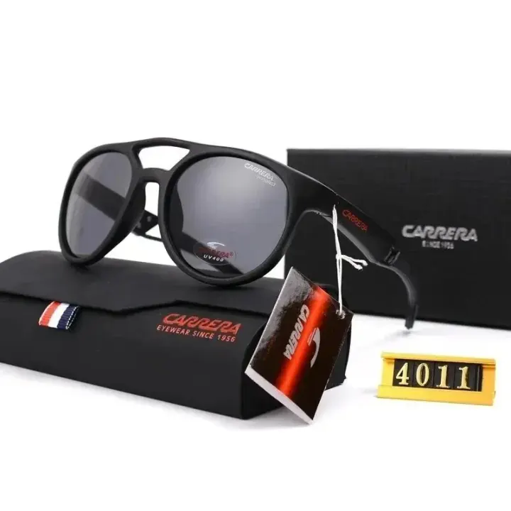 Schwarze Aviator-Sonnenbrille von Carrera mit Etui und Box