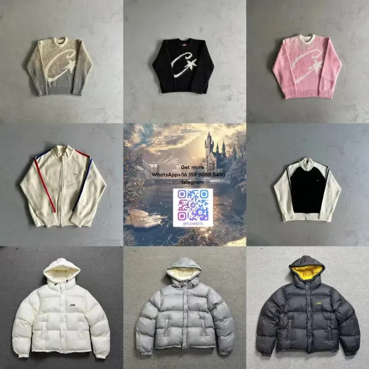Corteiz Hooded Puffer-Jacke in Weiß, Grau und Schwarz