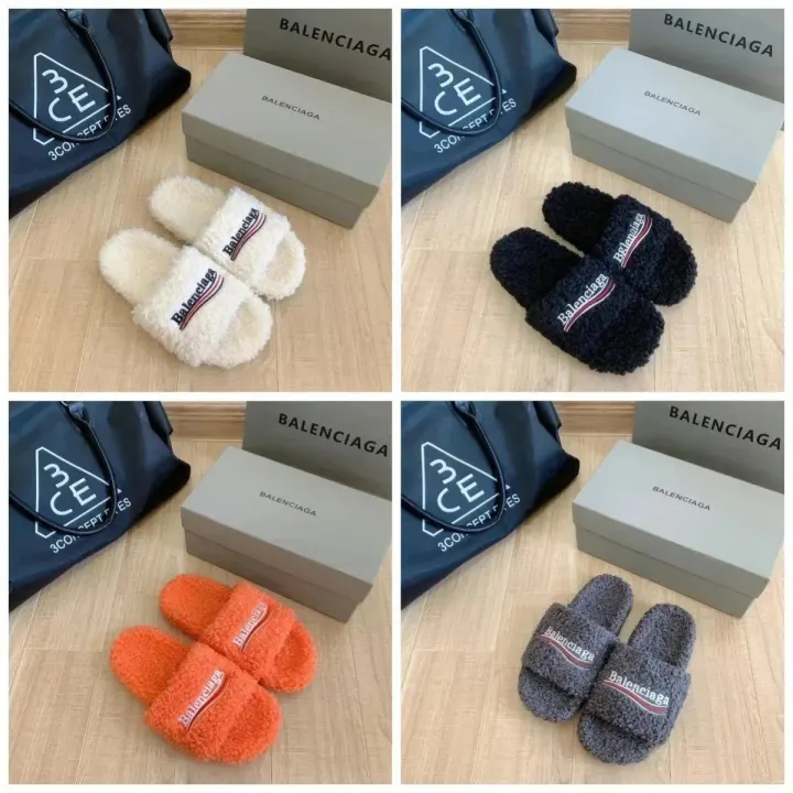 Balenciaga plush fleece slides in crème, zwart, oranje en grijs