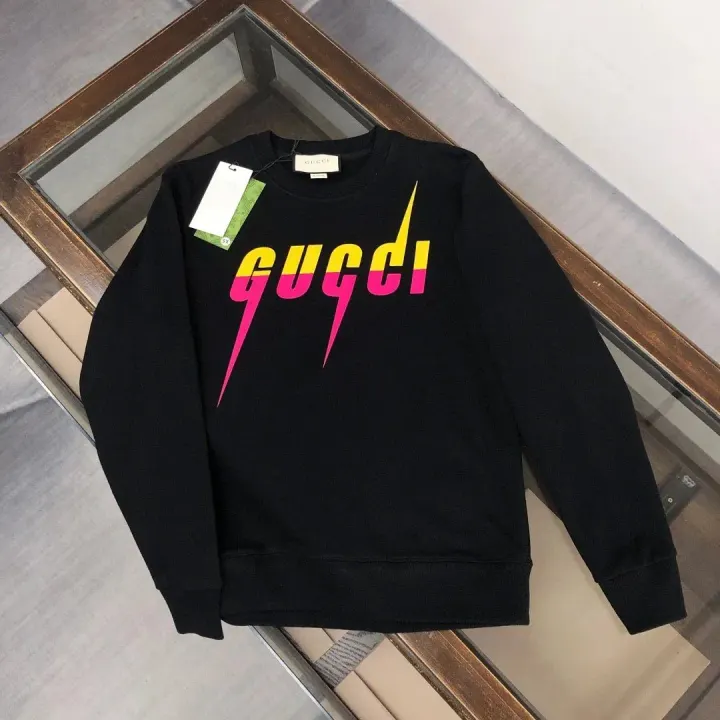 Gucci Black Graphic Crewneck Sweater with Pink and Yellow Logo