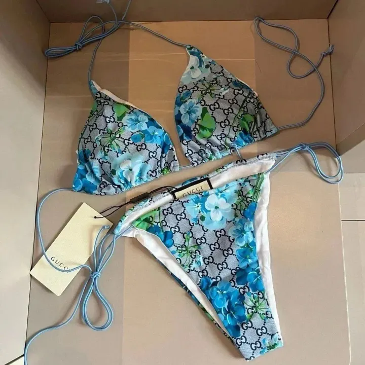 Gucci Blue Floral GG Print Bikini Swimwear