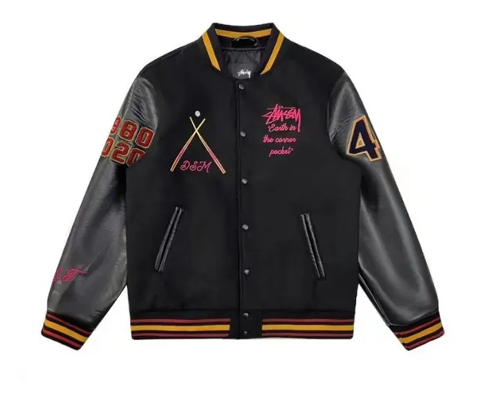 Schwarze Stüssy Varsity-Jacke mit gesticktem Grafikmotiv