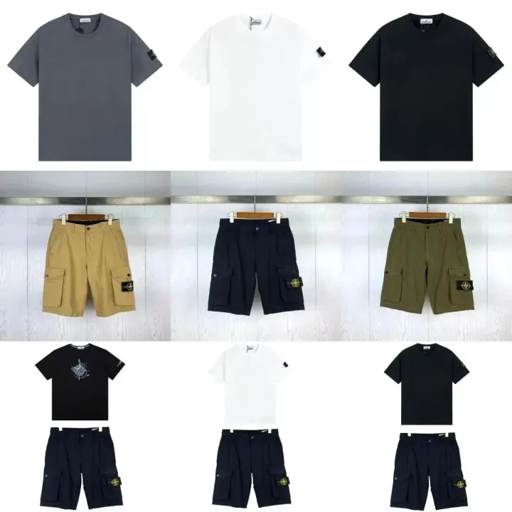Stone Island T-Shirt and Cargo Shorts Matching Set in Black, White, and Olive