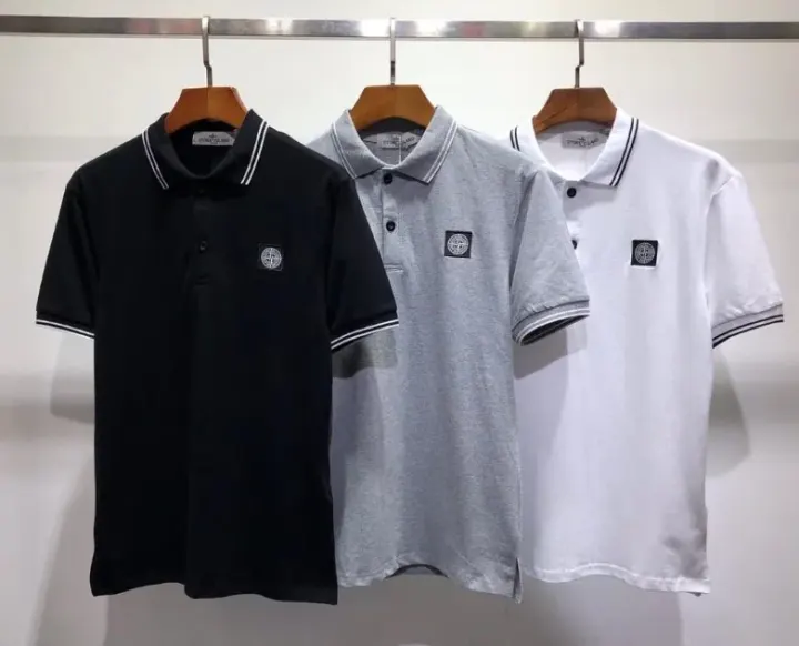 Stone Island Contrast-Collar Short Sleeve Polo Shirt in Black, Gray & White