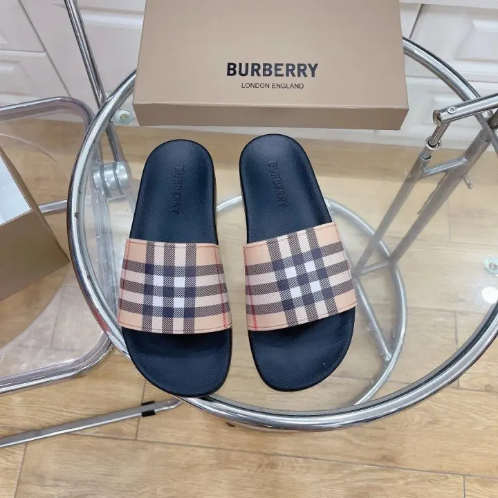 Burberry Plaid and Camo Slide Slippers in Olive Green