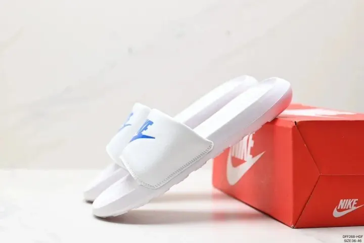 Nike White Slides with Blue Logo