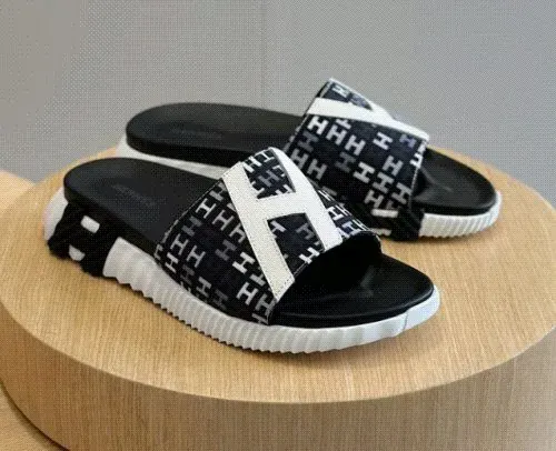 Hermes Monogram Slide Slippers in Black and Multicolor