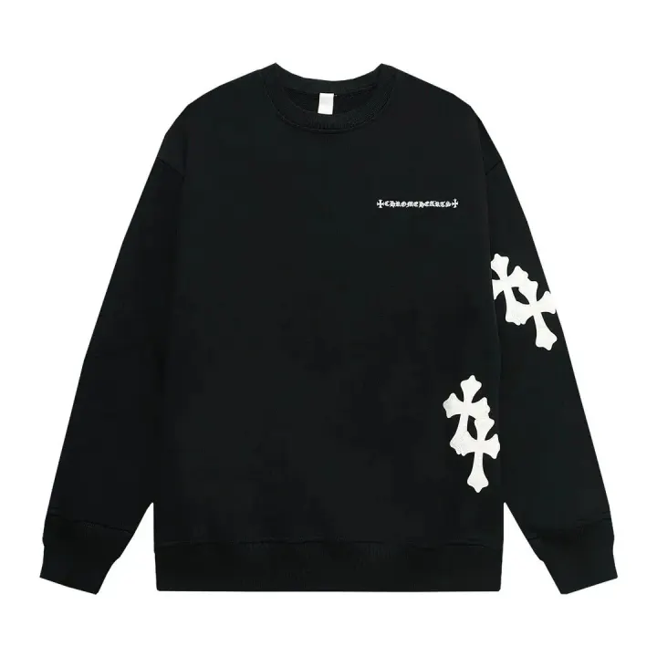 Sudadera negra de cuello redondo Chrome Hearts con mangas blancas con cruces
