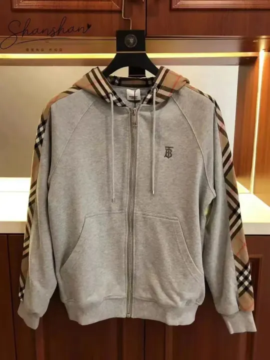 Burberry Grey Zip-Up Hoodie with Check Trim