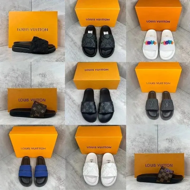 Louis Vuitton Monogram Slides in Black, White & Blue