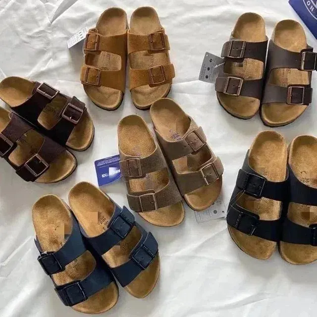 Birkenstock Double-Buckle Cork Footbed Slides in Brown