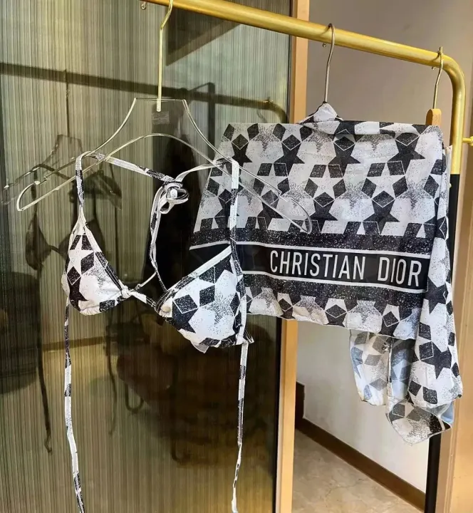 Dior czarno-biały zestaw strojów kąpielowych w geometryczny wzór