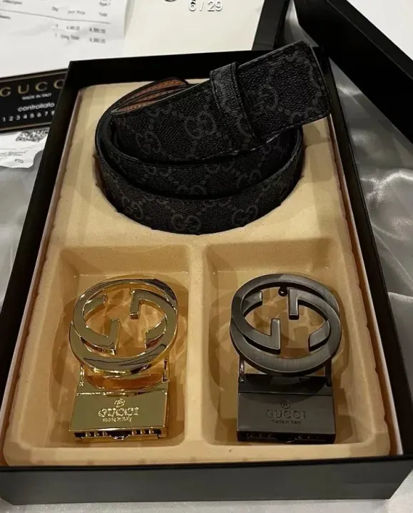Gucci Black GG Monogram Belt with Gold and Dark Buckles