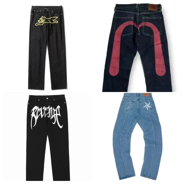 Evisu Seagull Print Denim Jeans in Black and Blue