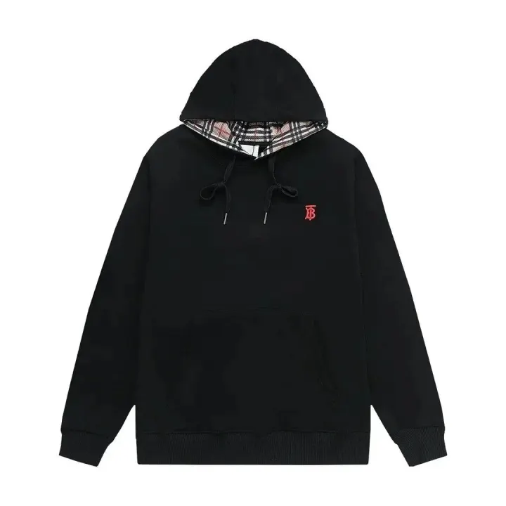 Burberry Black Hoodie with Check-Lined Hood and Monogram Logo