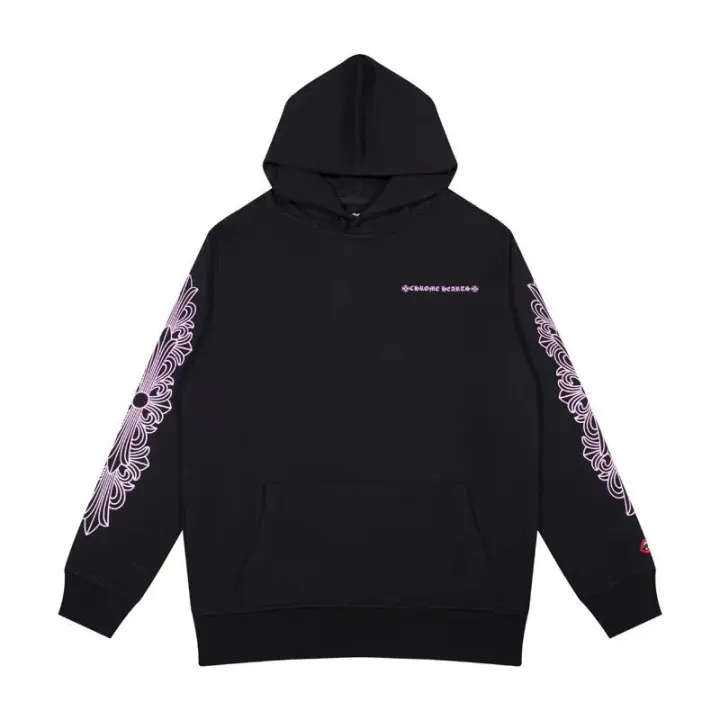 Sudadera negra Chrome Hearts con gráficos rosas en las mangas