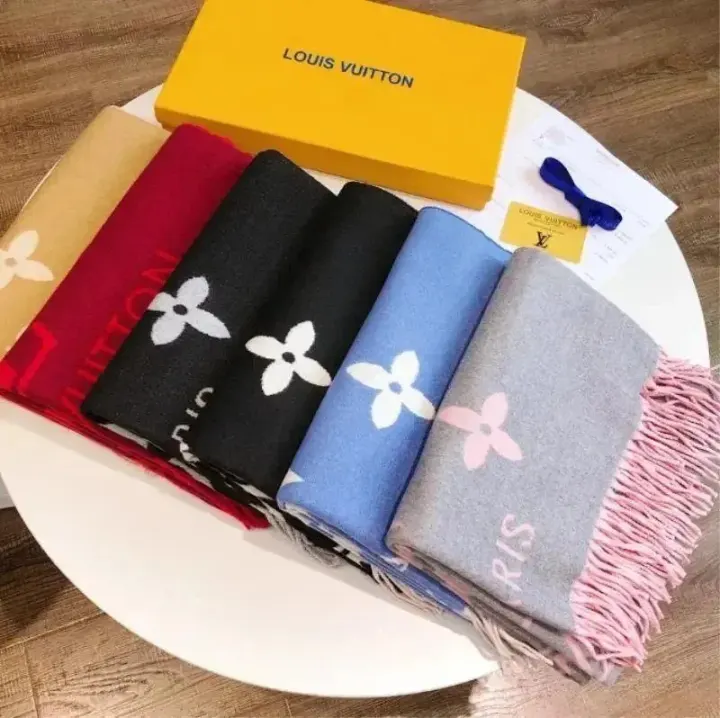 Louis Vuitton Monogram Fringe Scarf in Beige, Red, Black, Blue & Gray