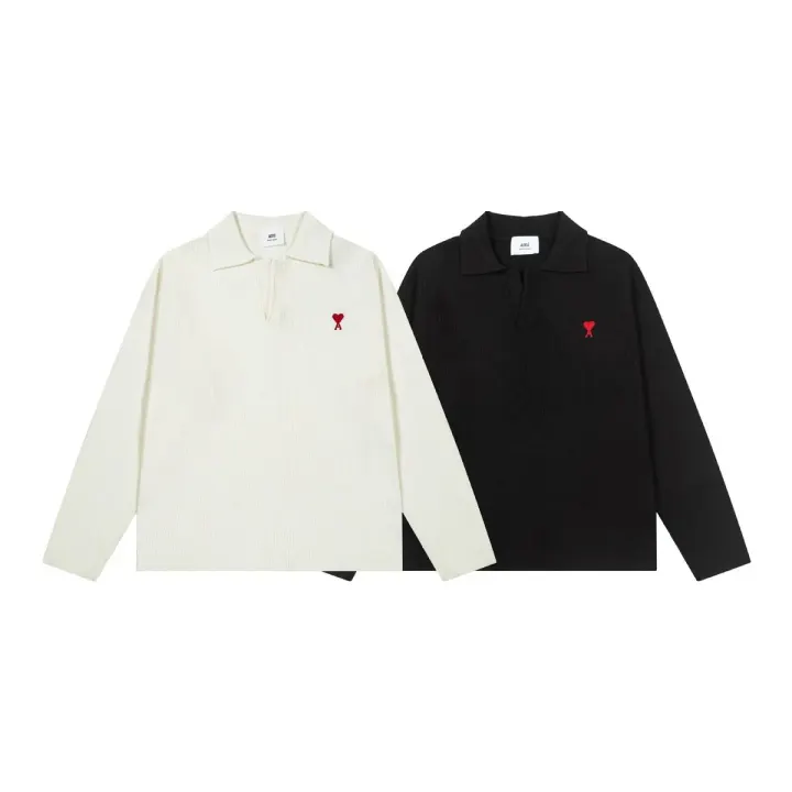 Ami Heart-Embroidered Polo Collar Sweater in Ivory and Black