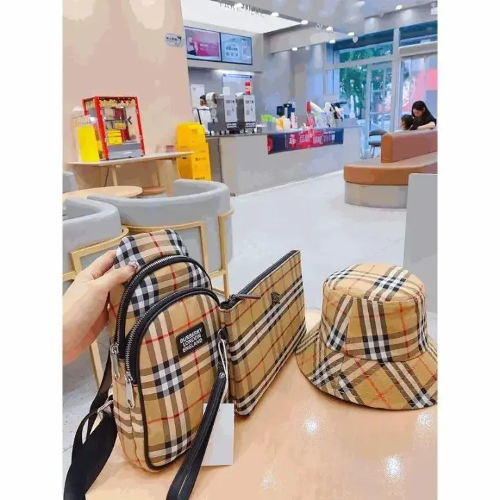 Burberry Beige Check Handbag Set with Matching Bucket Hat