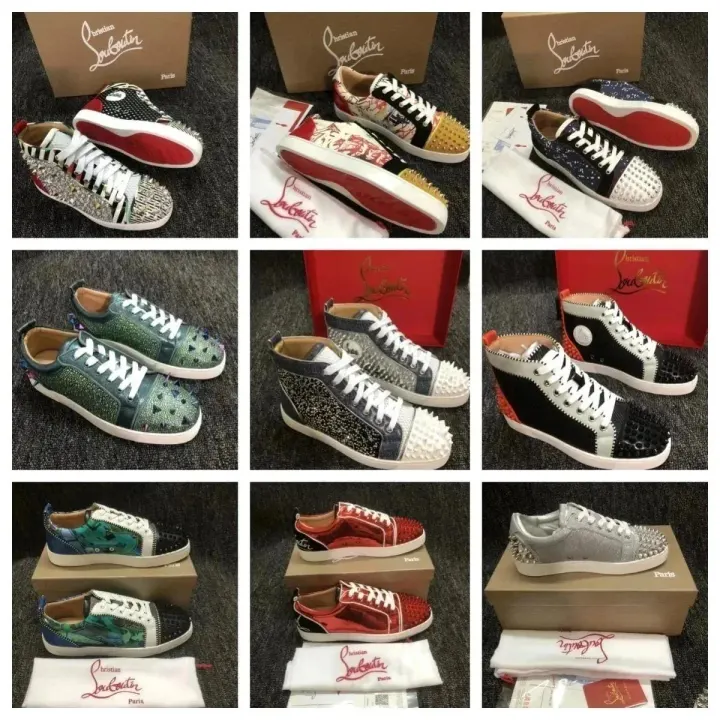 Christian Louboutin Black Studded Low-Top Sneakers — Red