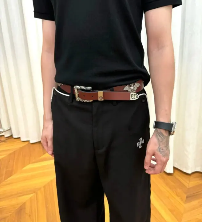 Brauner Leder-Gürtel von Chrome Hearts mit silberner gotischer Hardware