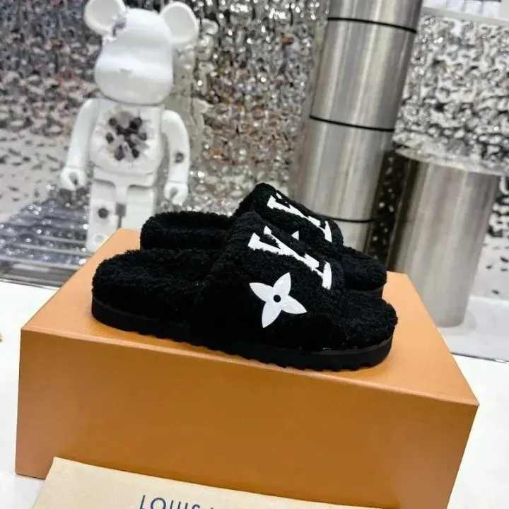 Louis Vuitton Black Faux Fur Monogram Slides