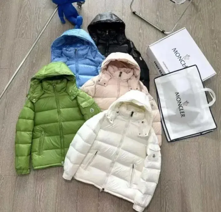 Moncler Hooded Puffer Jacket in White, Green, Blue and Pink