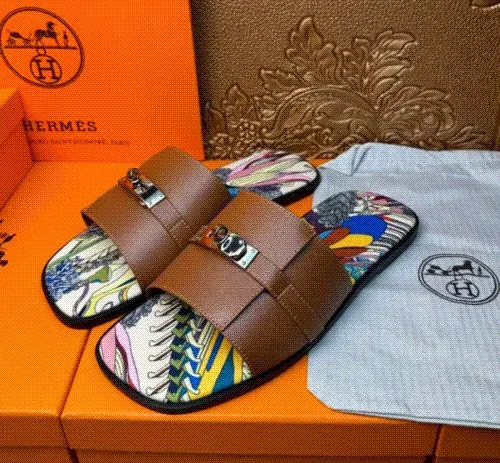 Hermes Brown Slides with Multicolor Graphic Footbed