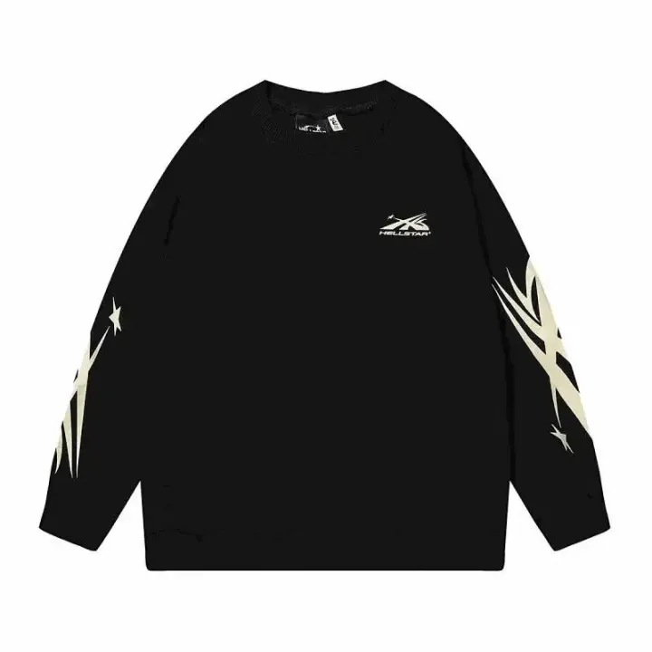 Hellstar Black Crewneck Sweatshirt with Cream Sleeve Graphics