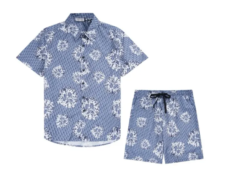 Dior Blue Floral-Print Short Sleeve Shirt and Shorts Matching Set