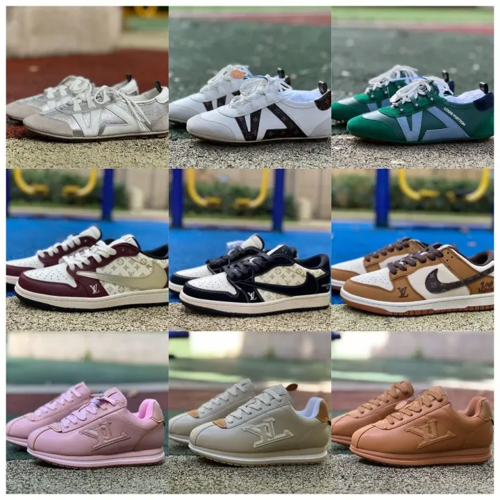 Louis Vuitton lage sneakers met monogram in bordeaux- en neutrale tinten
