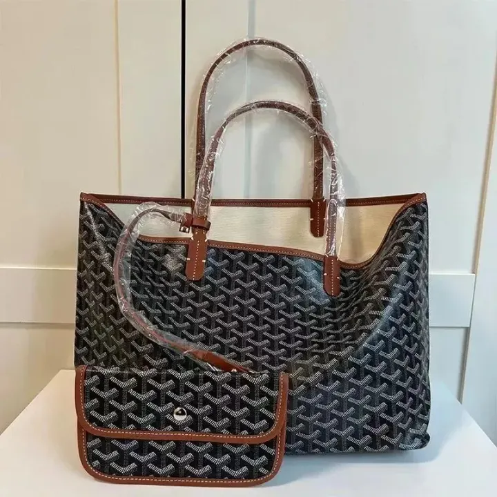 Goyard Goyardine Tote Bag with Pouch in Black and Brown
