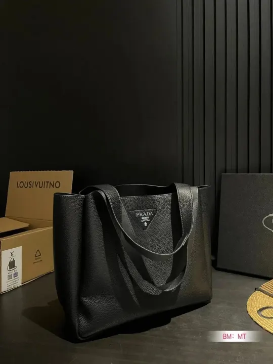 Prada Pebbled Tote Bag in Black, Red, and Ivory