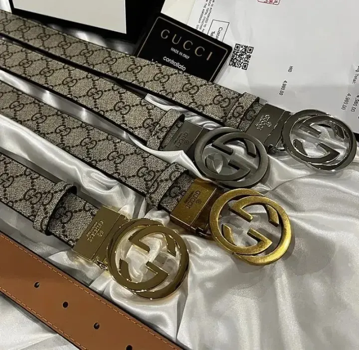 Gucci Beige GG Canvas Belt with Gold-Tone Buckle