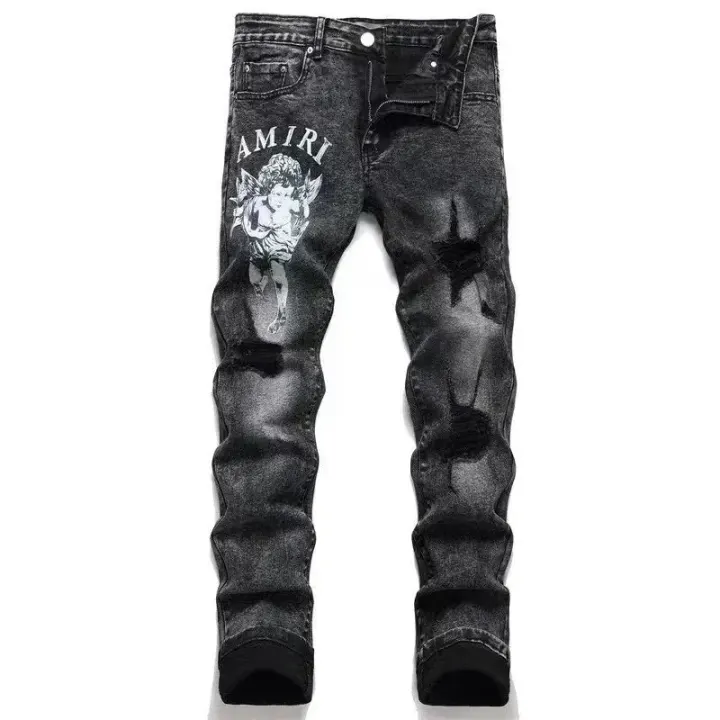 Schwarze Distressed-Jeans von AMIRI mit Cherub-Grafik