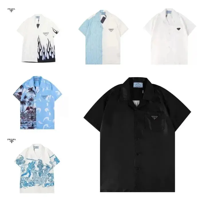 Prada Short-Sleeve Shirt in White, Blue, and Black