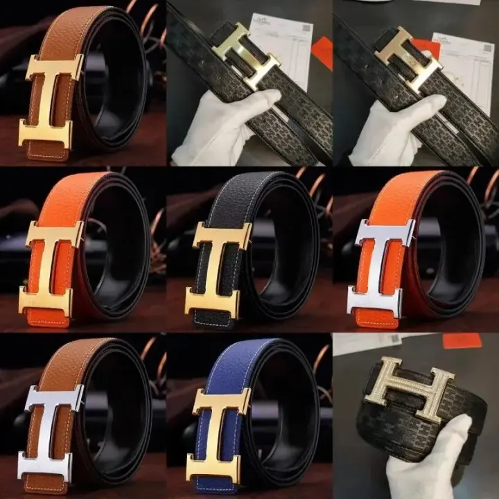 Hermes H-Buckle Leather Belt in Black and Orange