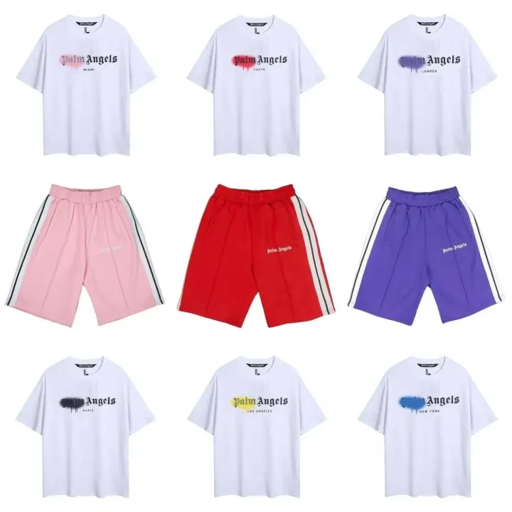 Palm Angels White Graphic Tee and Colorful Shorts Matching Set