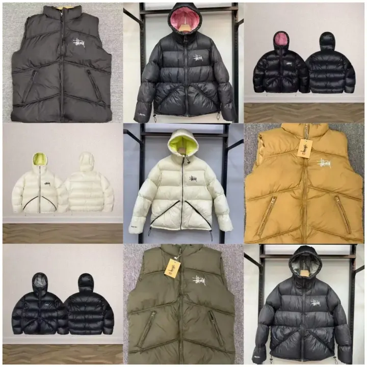 Czarna pikowana kurtka puchowa z kapturem i logo Stüssy
