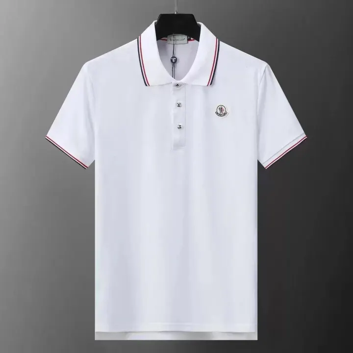 Moncler White Polo T-Shirt with Stripe Trim